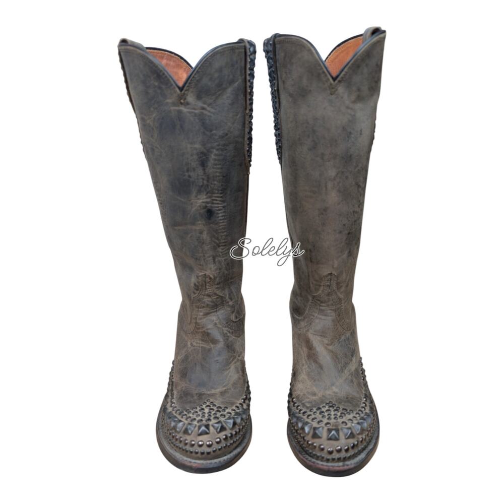 Lucchese RARE Mad Dog Wingtip Studded Grey Distressed Western Cowgirl Boots 7.5B - Picture 2 of 11